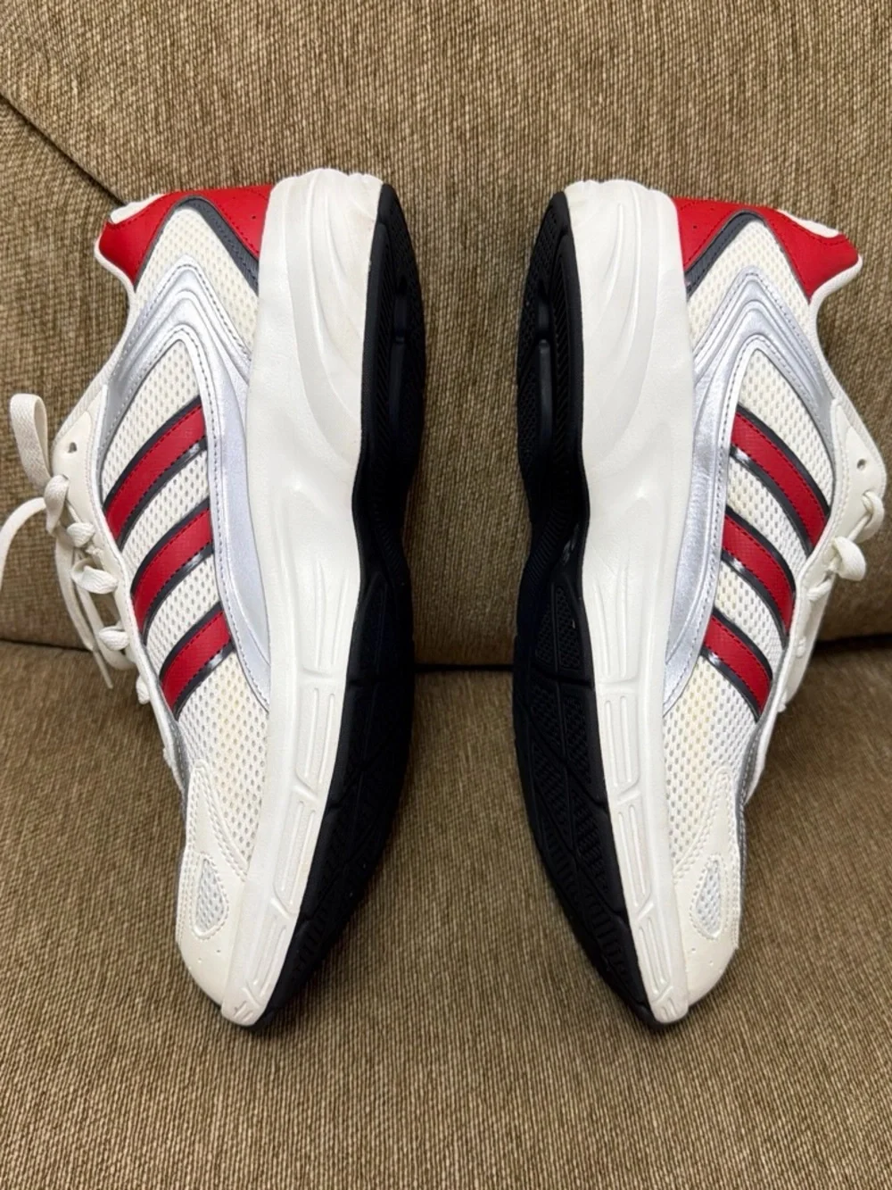 adidas White Sneakers with Red and Gray Stripe Accents - Men size 11